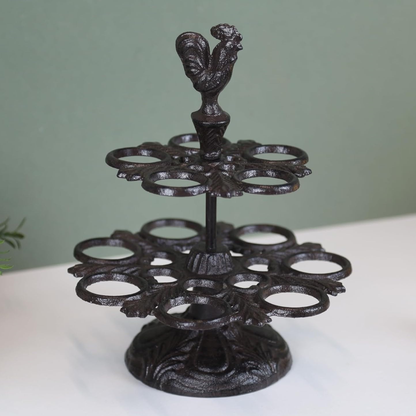 Fyne-Finds Black 2 Tier Cast Iron 12 Eggs Holder Vintage Rack Rooster Tray Kitchen Storage Bucket Countertop Organizer