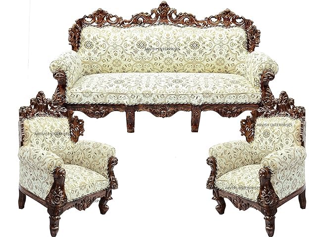 Image of Luxury Antique Sofa Set in a Classic Living Room Setting Solid Teak Wooden Five Seater Sofa Set with Cushion for Living Room | Honey Brown Finish | 208D x 76W x 119H cm (Design11)