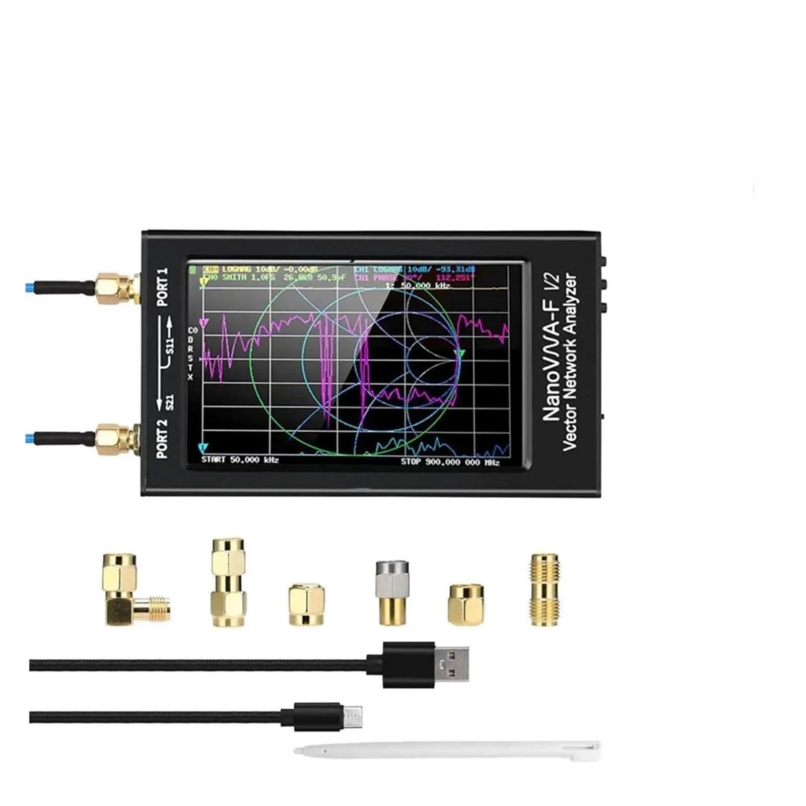 Analizator sieci 4,3-calowy wektorowy analizator sieci NanoVNA-F V2/V3 50 kHz-3 GHz/1 MHz-6 GHz HF VHF UHF VNA anten 801 punktów skanowania do diagnostyki kabli sieciowych(NanoVNA-F V2)