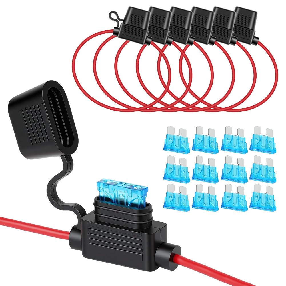 URAQT Inline Fuse Holder 16AWG 6Pack, Waterproof Standard Fuse Holder, Copper Wire, Inline Standard Blade Fuses Holders with 12Pcs Standard 15A Car Fuses, for Cars, Trucks, Motorcycles, and Boats