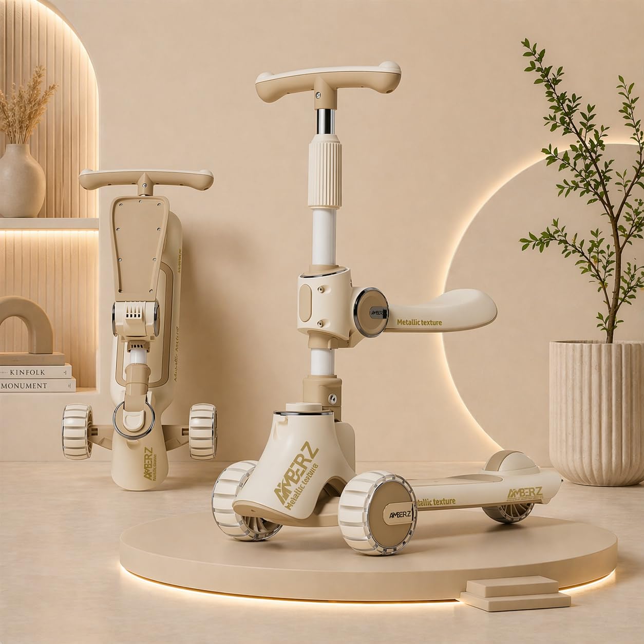 Foldable Kick Scooter for Kids | Skating Cycle Style Scooter with Adjustable Handle & Ultra-Stable 3 Wheels | Lightweight Ride-On Toy with Metallic Finish for Boys & Girls KS-110 Sand Beige-image-35