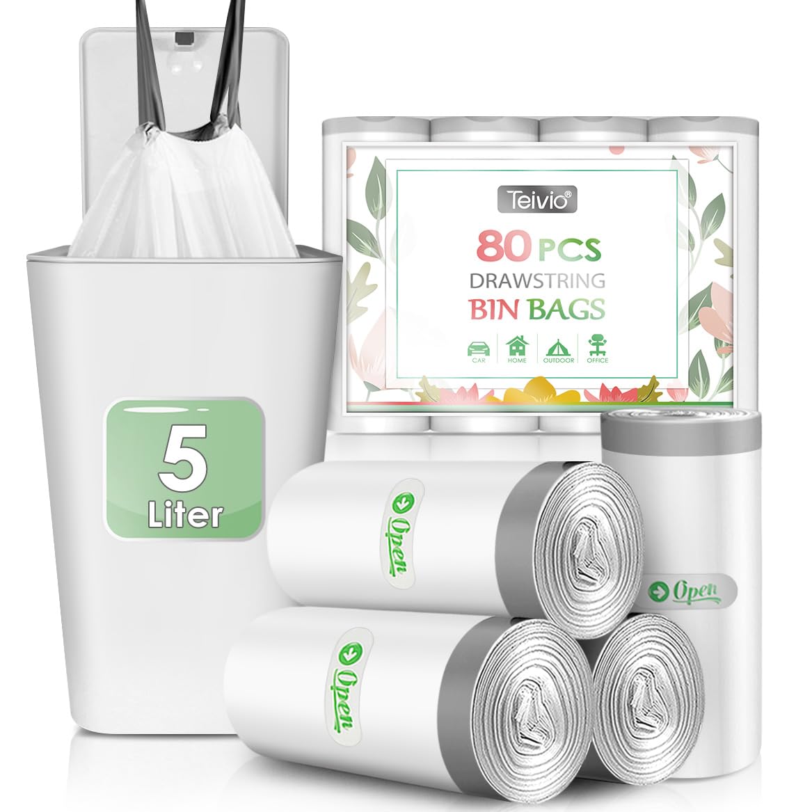 Teivio 5 Liter Small Bin Liners with Tie Tap, 88 Counts Strong Drawstring Pedal Bin Bags Fit 3-5L Trash Can, Waste Paper Bin Bags for Home Office Kitchen Bathroom Bedroom, White Toilet Rubbish Bag