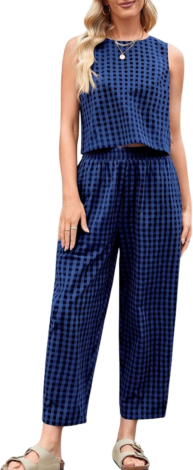 Womens Cotton Gingham 2 Piece Outfit Summer Tank Top Pants Matching Casual Beach Lounge Set