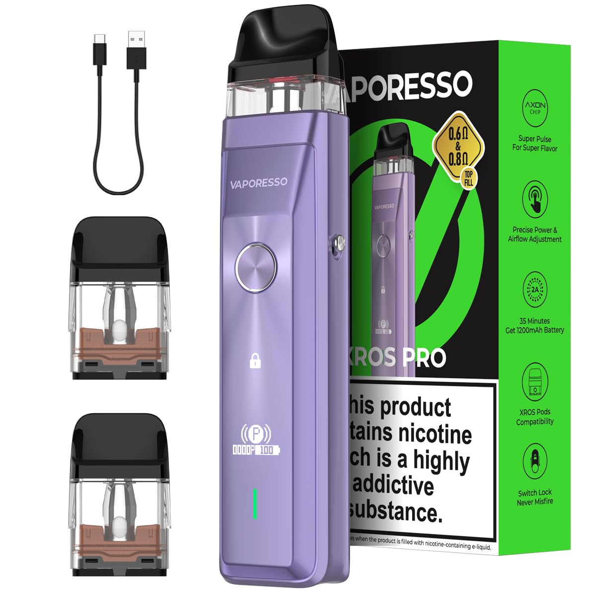 Vaporesso Xros Pro 2 Vape Pod Kit 30W, Built In 2000mAh Mega Battery, Compatible With XROS Pods, Fast Charge, 2ML, No Nicotine (Glittering Black - View #8