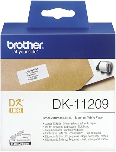 Brother DK-11209 Rollo de etiquetas, etiquetas de dirección pequeñas, negro sobre blanco, 800 etiquetas, etiquetas de dirección pequeñas (1.142 x