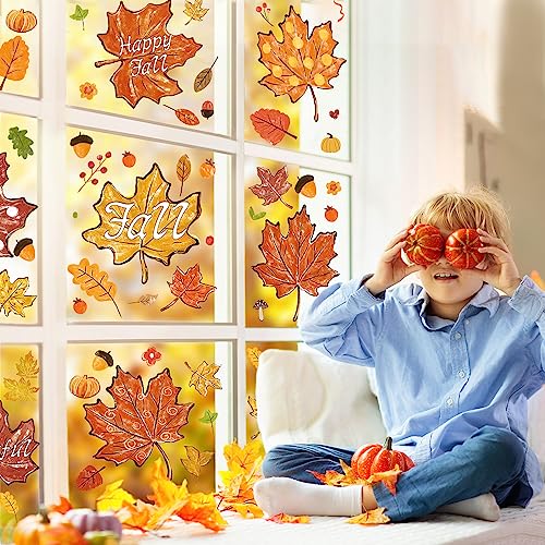 YUJUN 8 Sheets Thanksgiving Fall Window Clings - Maple Leaves Pine Cones Oil Painting Window Decals Stickers for Autumn Glass Home Decor and Thanksgiving Fall Decoration