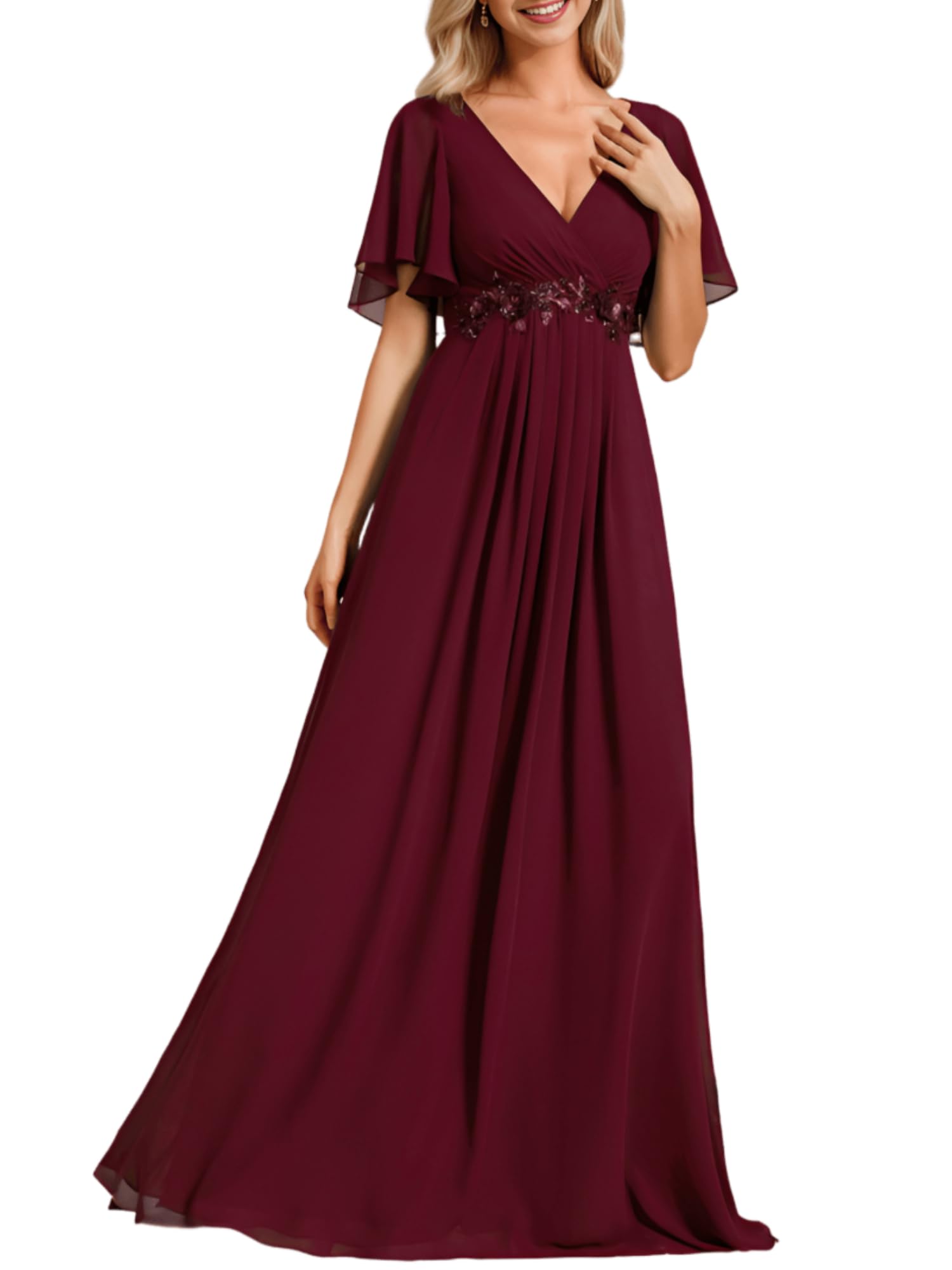 Ever-Pretty Women's Spring Short Sleeve Bridesmaid Dresses V-Neck Chiffon Ruched Empire Waist Appliques Long Formal Dress