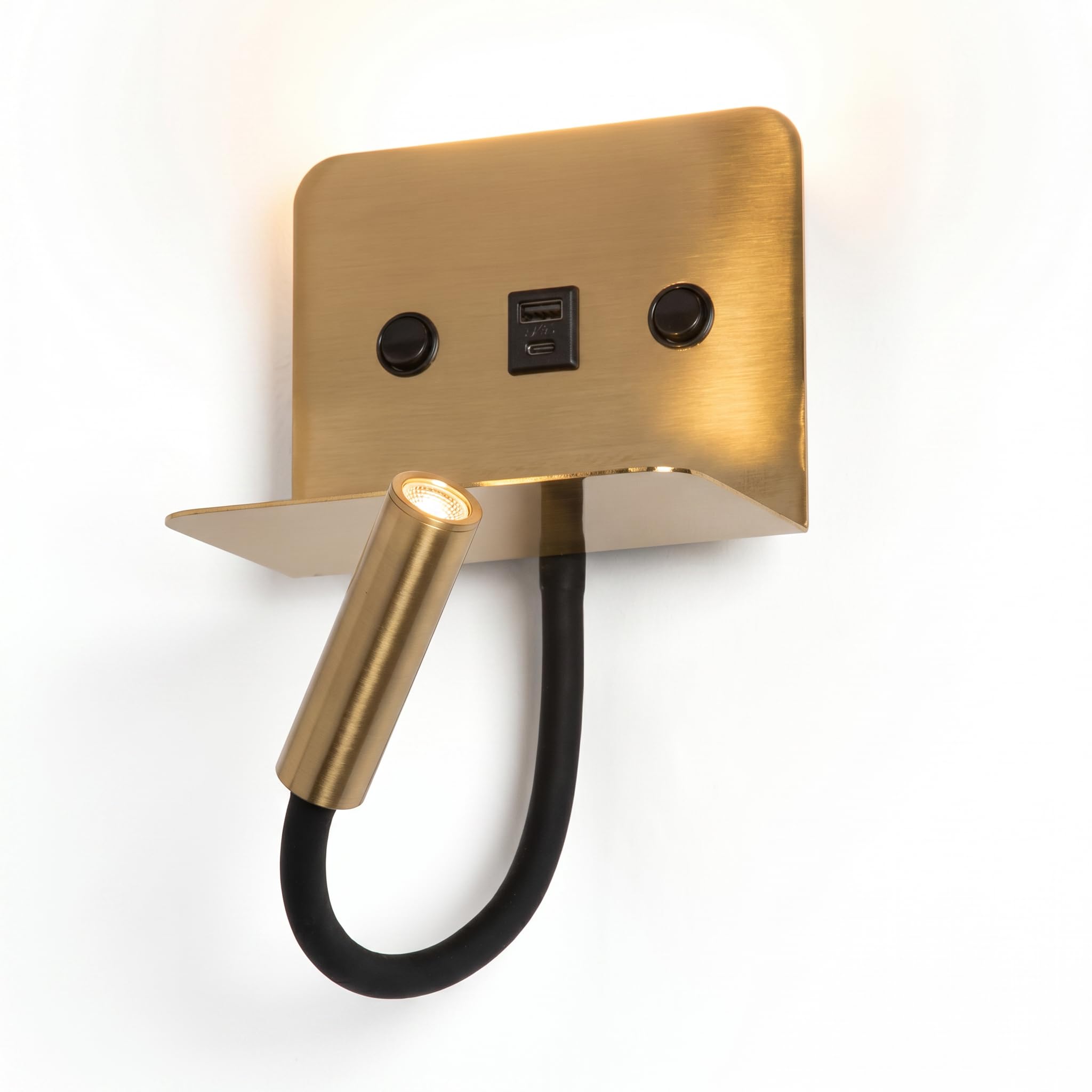 BARCELONA LED Applique Murale LED de Lecture SLANGE 2 Doré 3W+6W USB USB-C Lampe Chevet avec Étagère, Double Éclairage Indépendant, Lumière Chaude 3000K, Bras Flexo Orientable