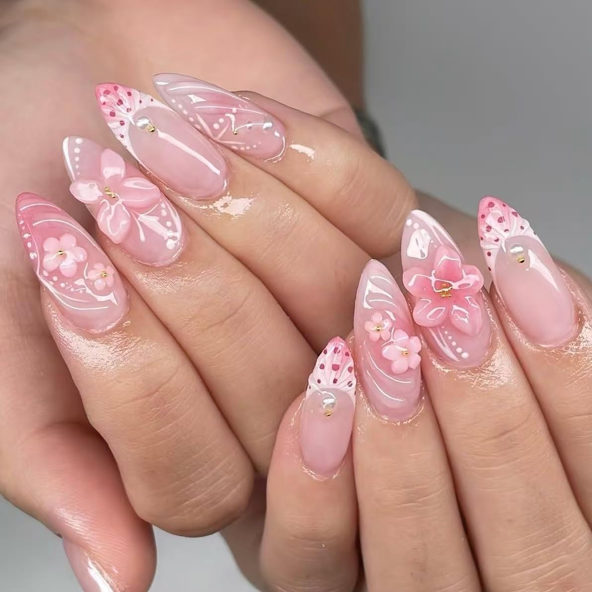 3D Flower Press on Nails Almond Medium Pink Fake Nails with Pearl Rhinestone Design Full Cover Spring Stick on False Nail for Women 24PCS image 3