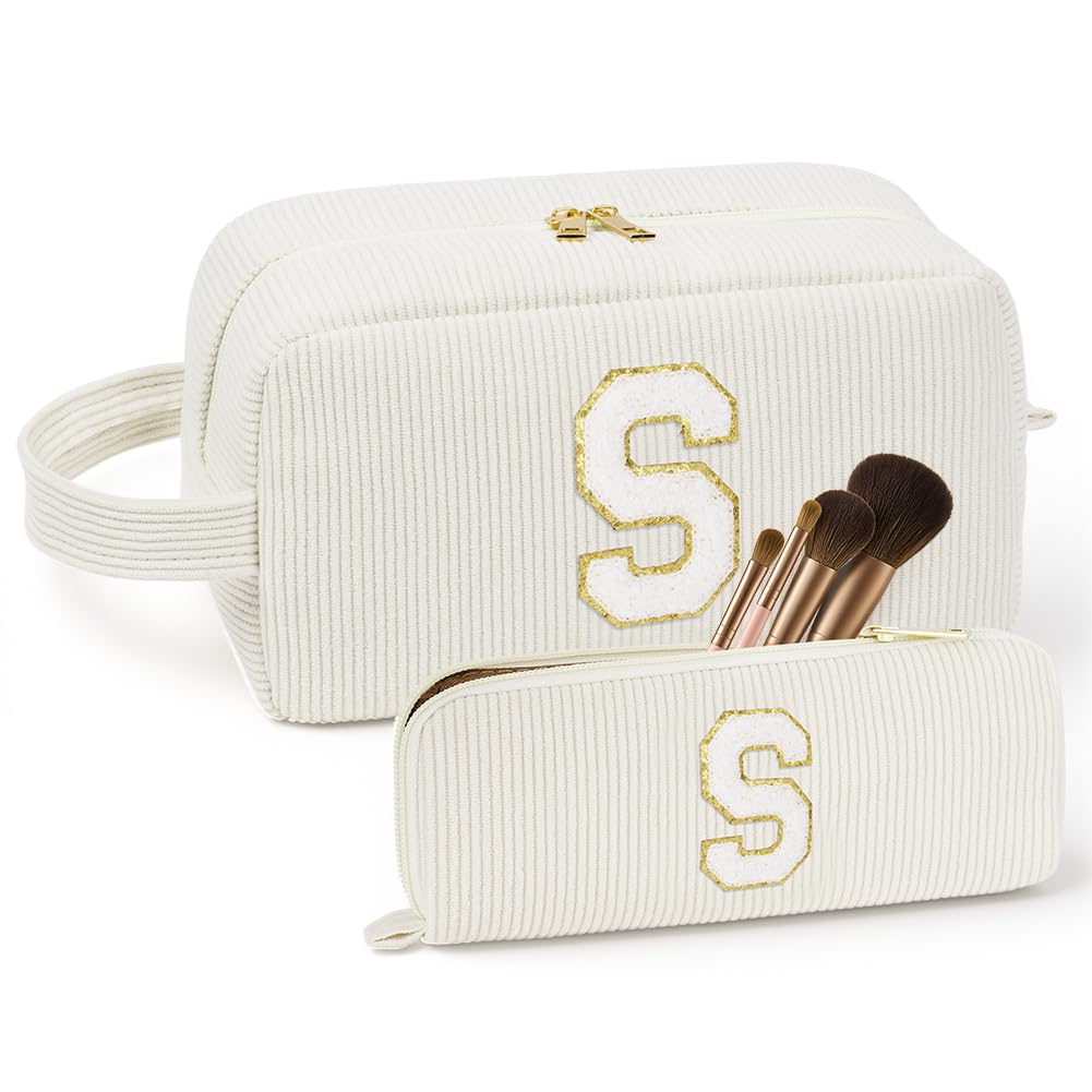 Set Neceser Mujer Personalizado Inicial, 2 piezas Neceser de Maquillaje de Pana, Bolsa de Cosméticos de Viaje, Bolsa de Aseo con Letra, Regalo para Mamá Mujeres Novias Mejores Amigas (Beige - L) — view 11