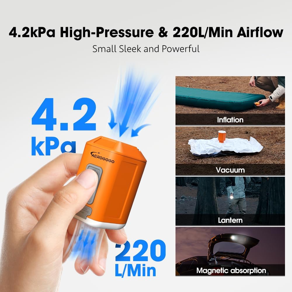 Aerogogo GIGA Pump 4 Mini Air Pump 4.2kPa with Camping Lantern Portable Air Pump, Rechargeable Air Inflator can Deflation, Travel Inflator for Air Bed Mattress, Swimming Rings, Vacuum Bags - Image 3