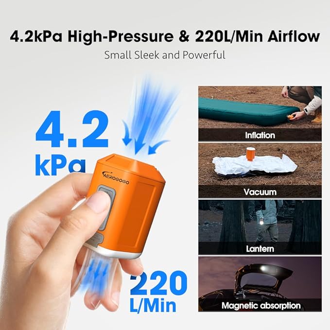 Aerogogo GIGA Pompa, 4 Mini Hava Pompası, 4,2 kPa, Kamp Feneri ile, Taşınabilir Hava Pompası, Şarj Edilebilir Hava Pompası Hava Boşaltabilir, Hava Yatağı Şiltesi için Seyahat Hava Pompası, Havuz Yüzme