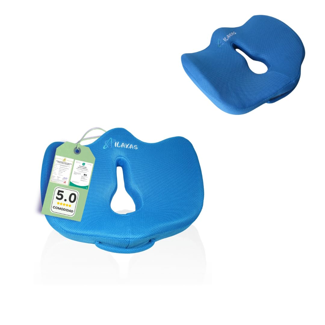 ILAXAS - cojin antiescaras -Cojin Silla Oficina -Cojin Premium, Alivio del Coxis, Viscoelástico y ergonómico cojin Asiento Coche - Cojin Silla de Ruedas, cojin Sillas Gaming, Funda Lavable (Azul)