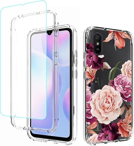 Funda para Redmi 9A/Redmi 9i M2006C3LII con protector de pantalla de vidrio templado, cuerpo completo, lindo diseño floral, a prueba de golpes,