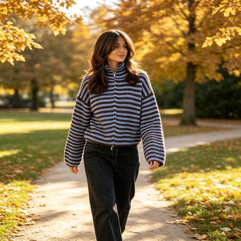 Gilet Cardigan Rayé Zippé pour Femme en Maille Douce À Manches Longues Style Pull Oversize Décontracté Léger Et Confortable Idéal pour L'Oktoberfest Le Bureau Les Voyages Et Le Quotidien en A