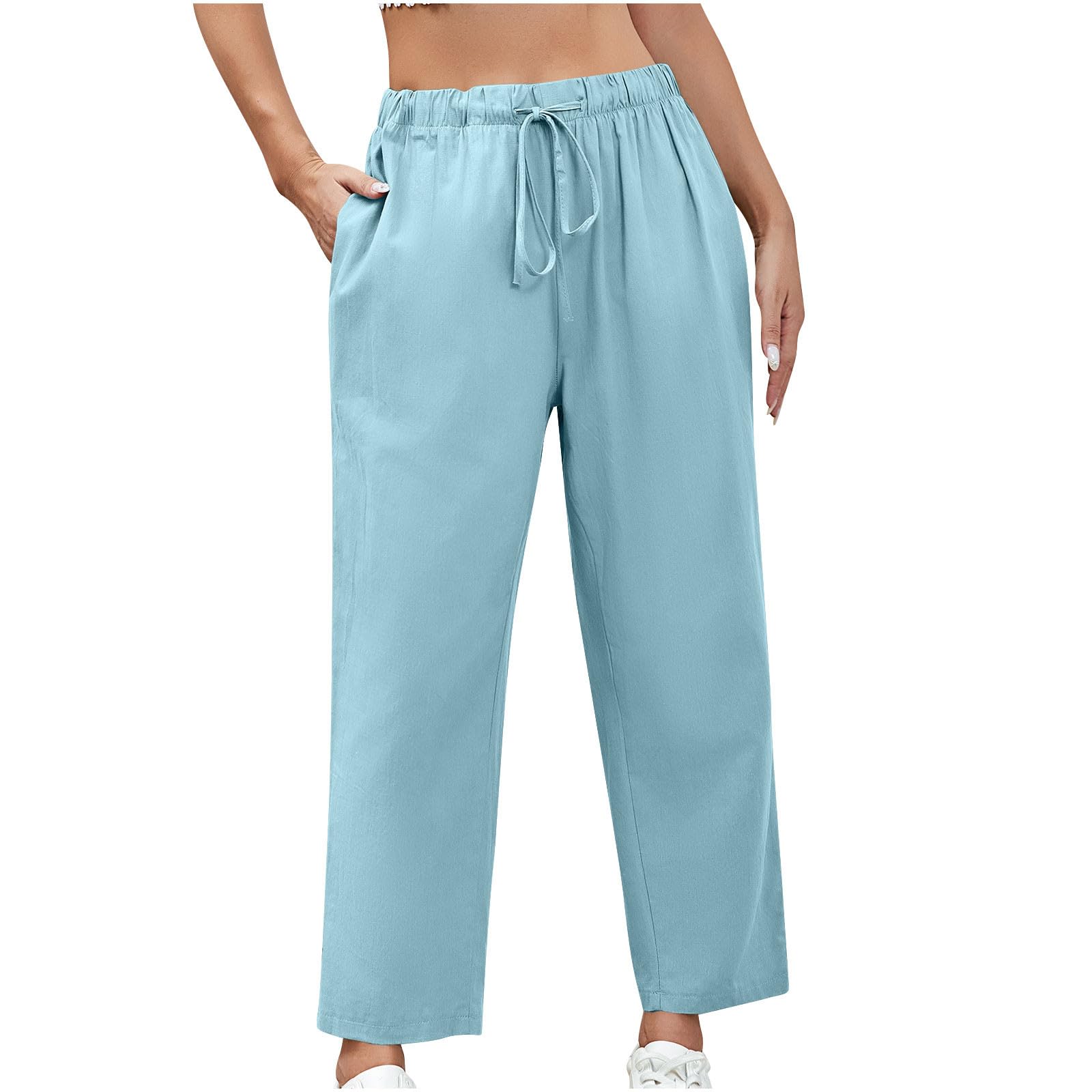Cotton Linen Cropped Pants for Women Casual Loose Wide Leg Pant Summer Trendy Drawstring High Waist Pants with Pockets Sky Blue