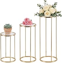 Garvee Moderno juego de soporte de pedestal de metal de 3 piezas – Columnas cilíndricas con base redonda para pasteles, postres y arreglos florales – Decoración de eventos apilable para el hogar, boda