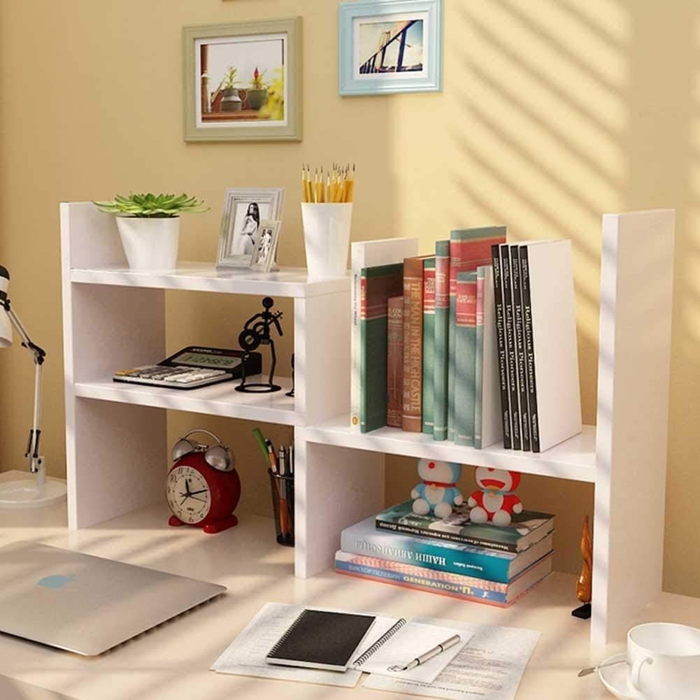 Bibliothèque Extensible en Bois, Organiseur et Étagère de Rangement de Bureau, Fournitures de Bureau, Blanc