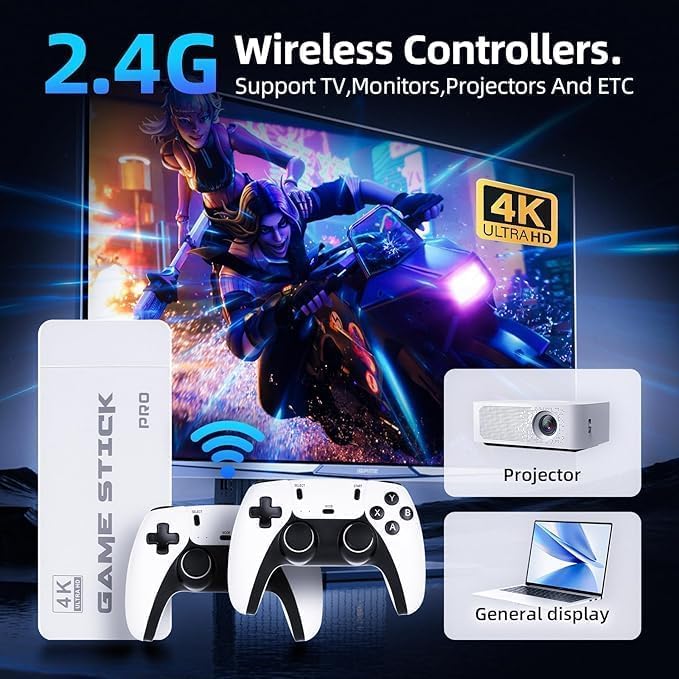 esportic 4K Pro Stick Retro Video Game Console, 20,000+ Built-in Games, 64GB TF Card, 2.4GHz Wireless Controllers, HDMI Output,2 Player, Plug & Play, Perfect Christmas, Birthday Gift, 1