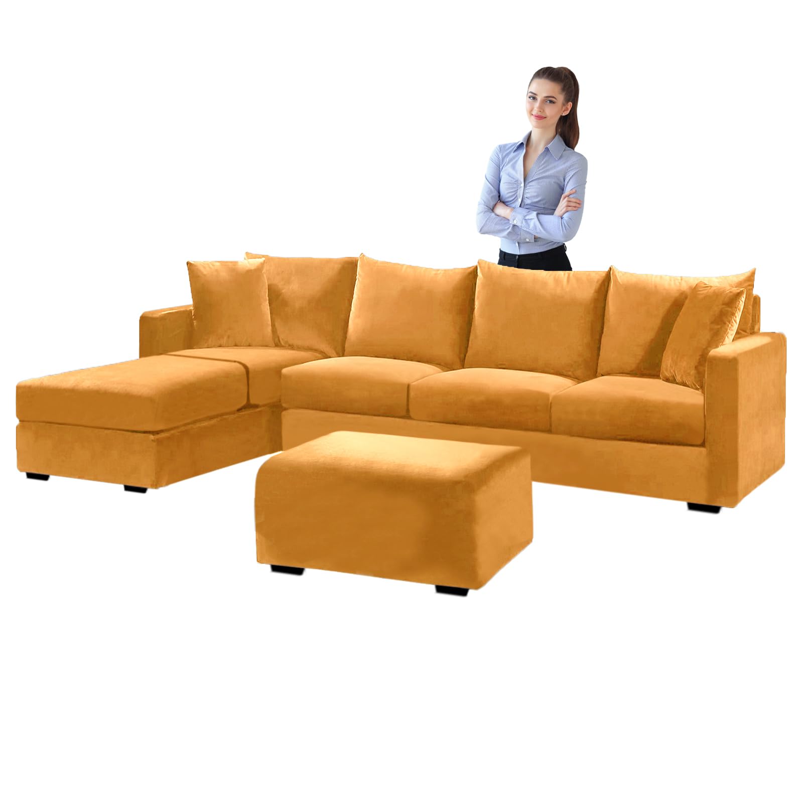 SYLC Velvet Sofa Covers L Shape, Stretch Corner Sofa Cover with Cushion Covers, Couch Cover Friheten Cover for U Sectional Sofa (Yellow,Cushion Square-S)