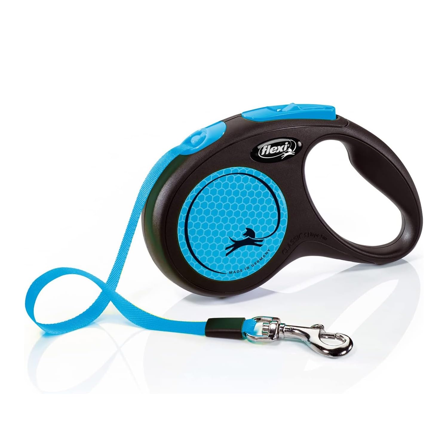 New Neon Tape Retractable Dog Leash for Medium Size Dogs Upto 25kgs. – 16 ft., Blue | Tangle Free Pet Walking Leash with One-Handed Brake, Pause, Lock | German Quality Product