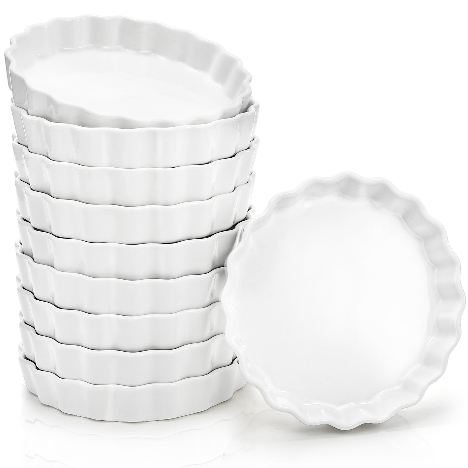 Foraineam Paquete de 10 ramequines de crema brulee de 8 onzas, platos redondos estriados para quiche de 6 pulgadas, bandeja de porcelana para hornear poco profunda, apta para horno para hornear