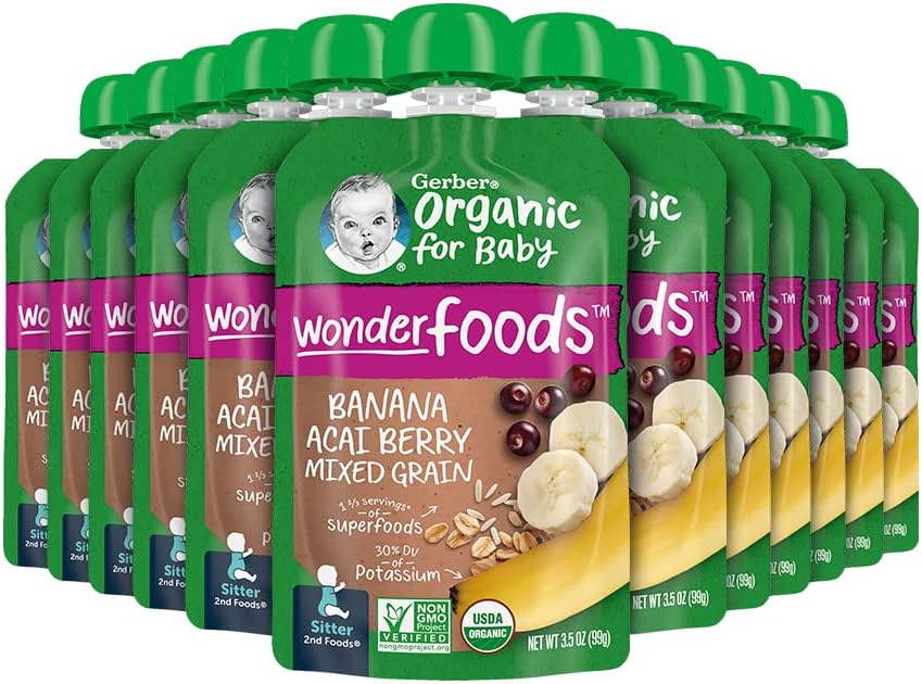 Gerber Organic Baby Food Pouches, 2nd Foods for Sitter, WonderFoods, Banana Acai Granola, 3.5 Ounce (Pack of 12)
