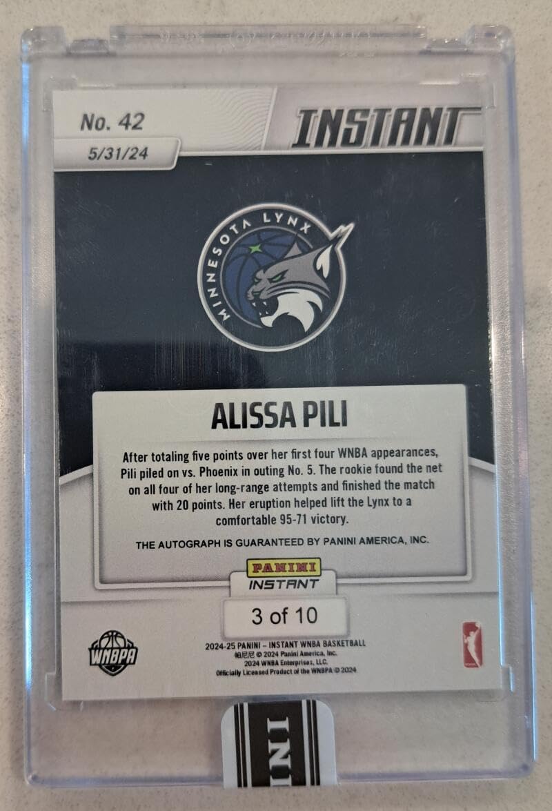 ALISSA PILI RC AUTO SP 2024 Instant Autograph 3/10 Jaguar #42 Rookie SP Minnesota Lynx MT-MT+ Basketball