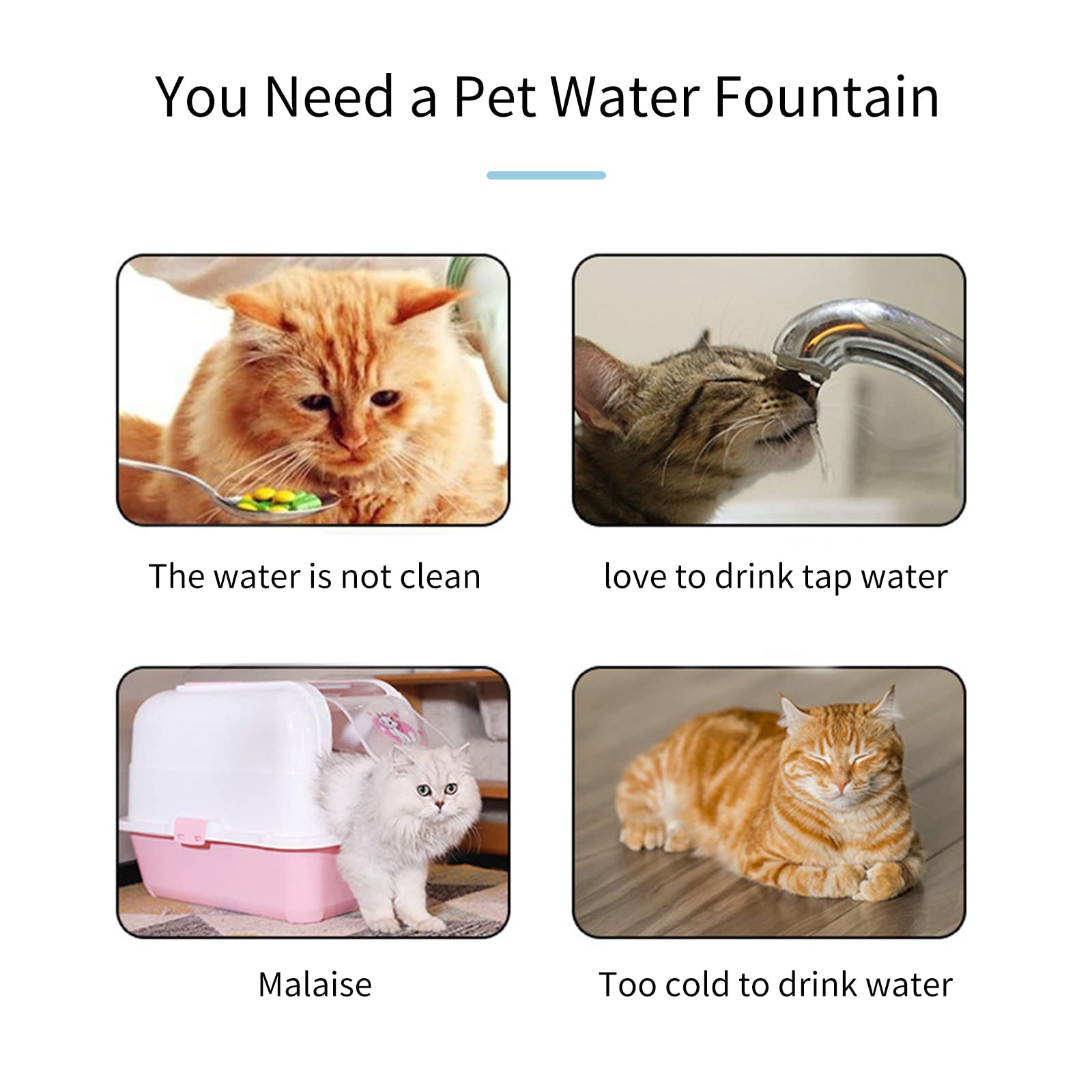 WF040 Fontana per Gatti con Induzione Intelligente 2L/67oz Fontanella per Animali Domestici in Acciaio Semi-Inossidabile Distributore d'Acqua Automatico con Pompa dell'Acqua Silenziosa per Cani