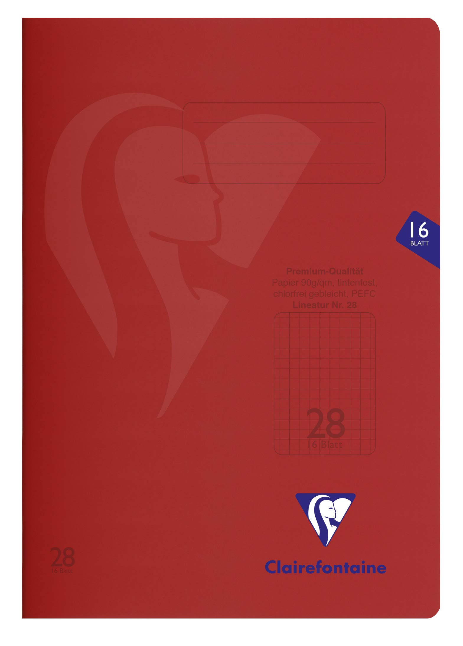 Clairefontaine 333228C - Pack of 25 School Notebooks, Ideal for School, DIN A4, 32 Pages, 90g, Line Style 28 Square Continuous Ruling w/ Margin, PP Cover, Red