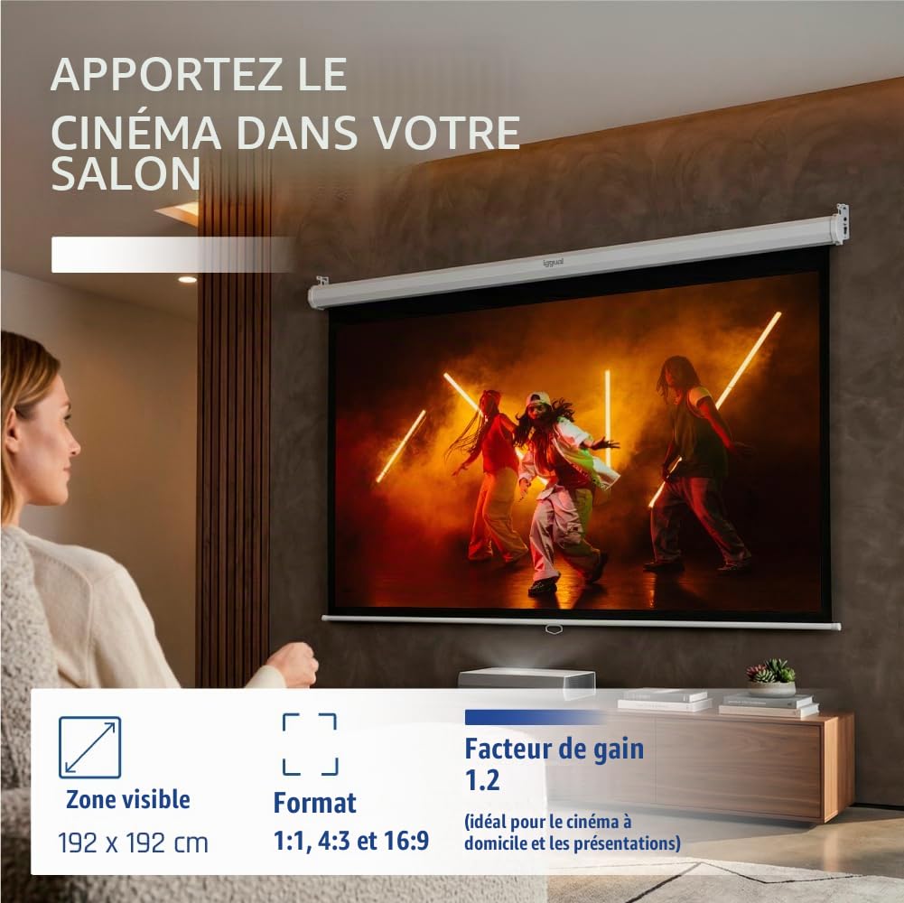 iggual Écran de Projection 112" Pouces - Enroulable Manuel Panoramique - Format 16:9 - Angle de Vision 180º - Hauteur Réglable - Adapté Mur/Plafond - Compatible 4K et Tout Projecteur, (200x200 cm)