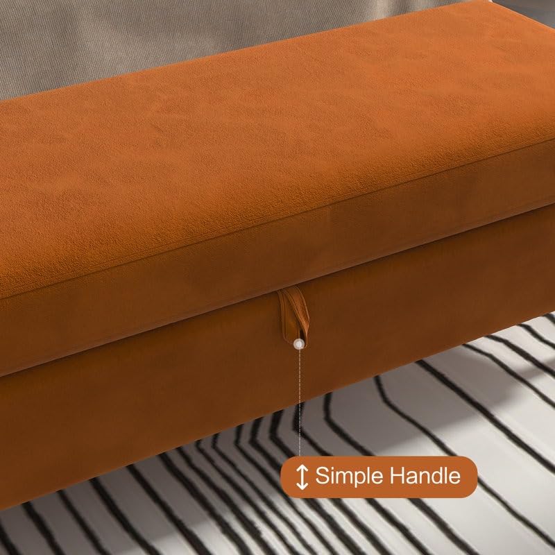 Image of Velvet Storage Ottoman Bench | Upholstered 2 Seater Bench with Hidden Storage | Modern End of Bed Bench for Bedroom Living Room Entryway | Lounge Footrest Seat with Metal Legs | Orange