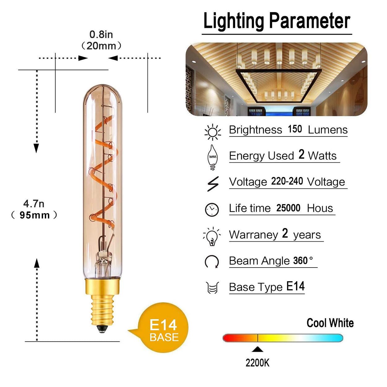 Bombilla LED Edison T20/T6 E14/220V Regulable de 2W, Tubo Largo, Bombillas de Repuesto incandescentes de 20W, luz cálida de 2200K, para el hogar, Regulable, 6 Unidades.