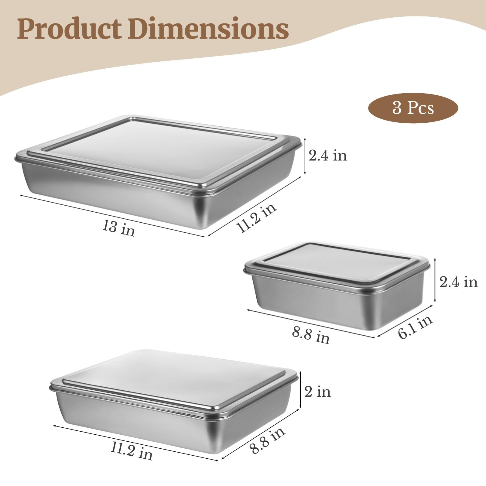 Juego de 3 moldes para tartas de acero inoxidable con tapa, antiadherentes en forma rectangular, 3 tamaños
