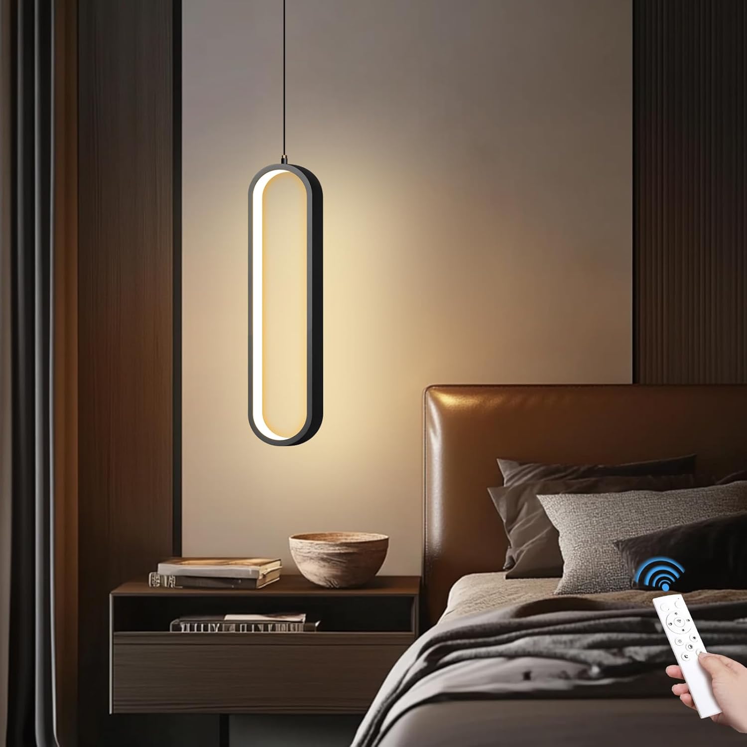 AOMEI 15.75 Inch Black Full Spectrum Bedroom Bedside Dining Room Minimalist Small Pendant Light 18W Led Long Line Ambient Lighting
