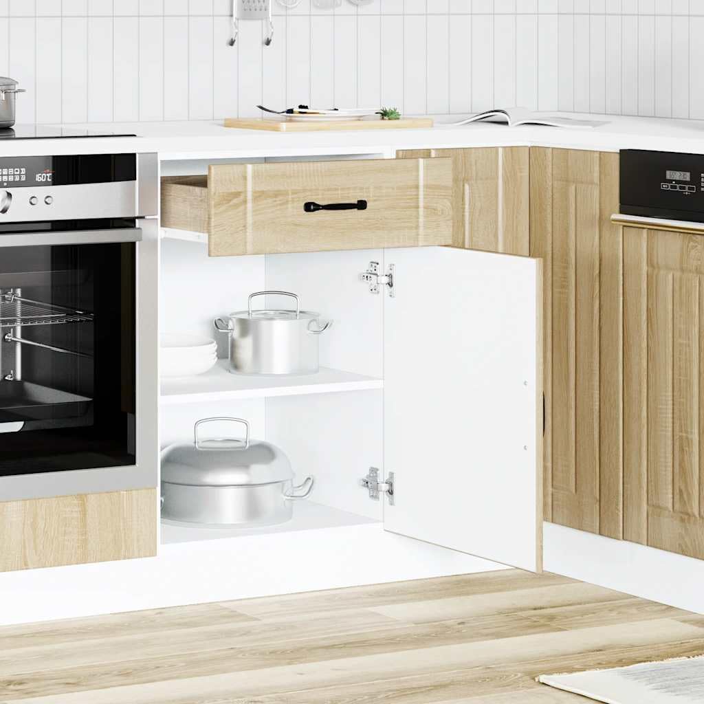 Lucca Sonoma - Mobiletto da cucina in legno di quercia Sonoma, 50 x 46 x 81,5 cm, vano portaoggetti con piedini regolabili, per stoviglie, pentole e microonde, in confezione piatta