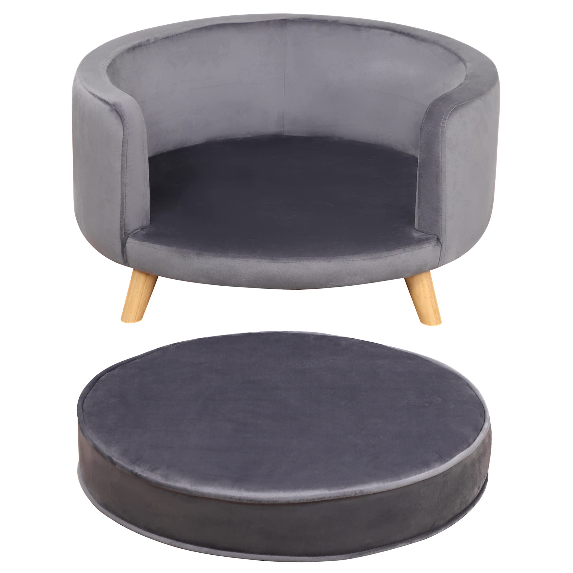 PawHut Hundesofa, Haustiersofa mit Samtoptik, Katzensofa mit Kissen, Hundebett, Hundecouch mit Erhöhtem Design, Hundesessel mit Holzbeine, Grau, 68 x 68 x 35 cm
