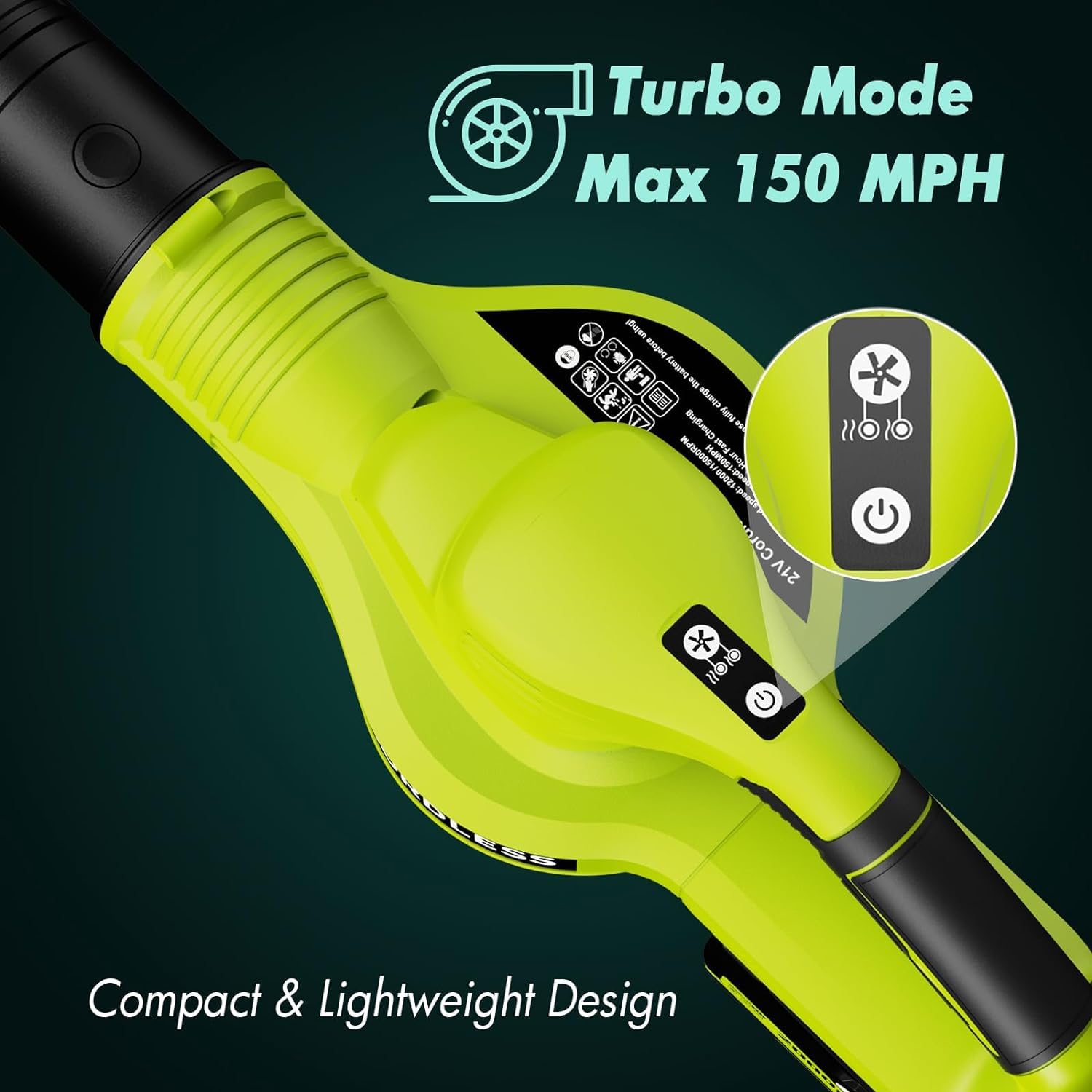 Soffiatore di foglie senza fili 21 V, soffiatore a foglie con batteria 4,0 Ah, 3000 W, 2 modalità di velocità per la manutenzione del prato, soffiaggio della neve e rimozione della polvere (verde)