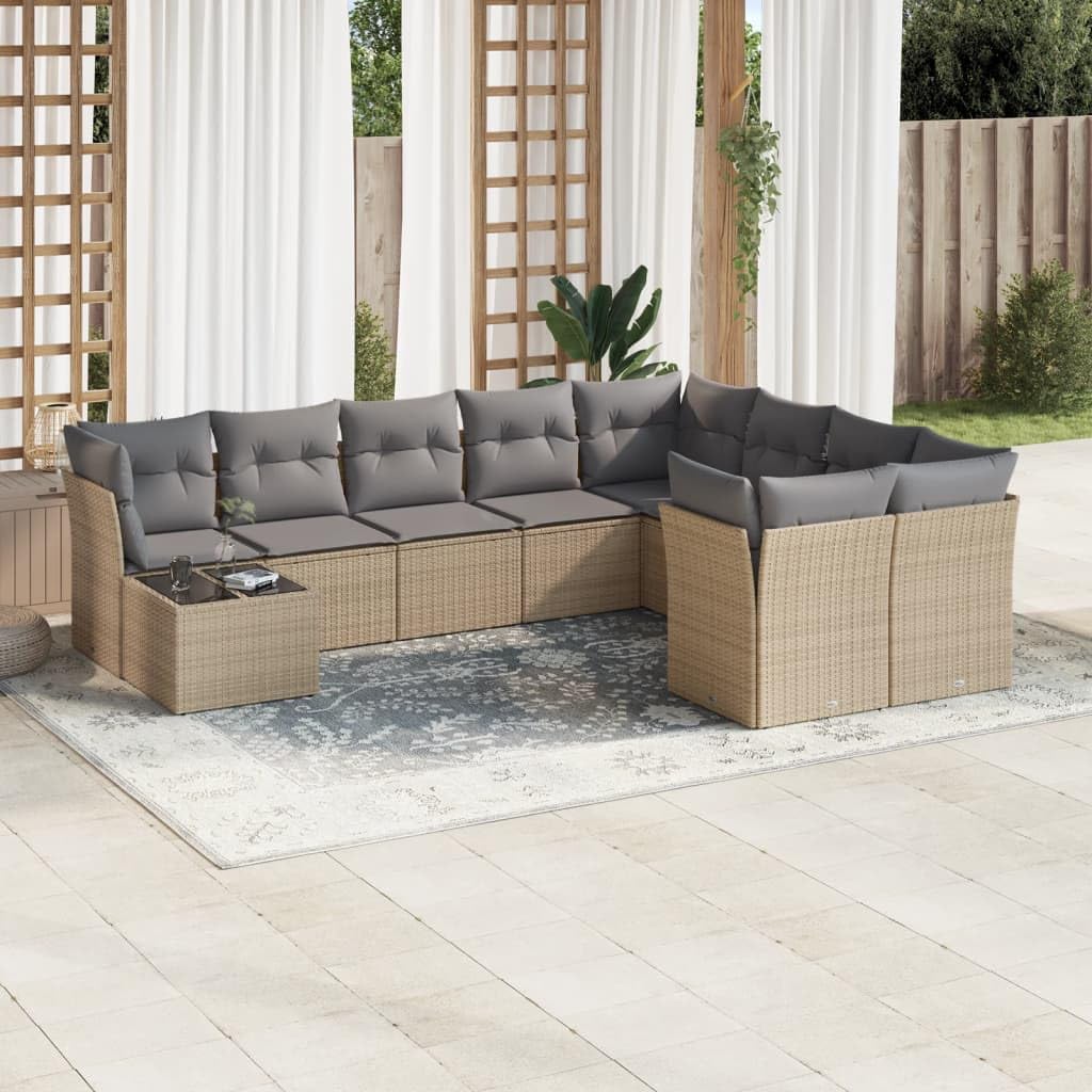 Zestaw Sofas Ogród Rattan syntetyczny 10-częściowy beżowy | Przechowywanie z wodoodporną torbą, pokrowce nadające się do prania, modułowa konstrukcja, beżowe poduszki