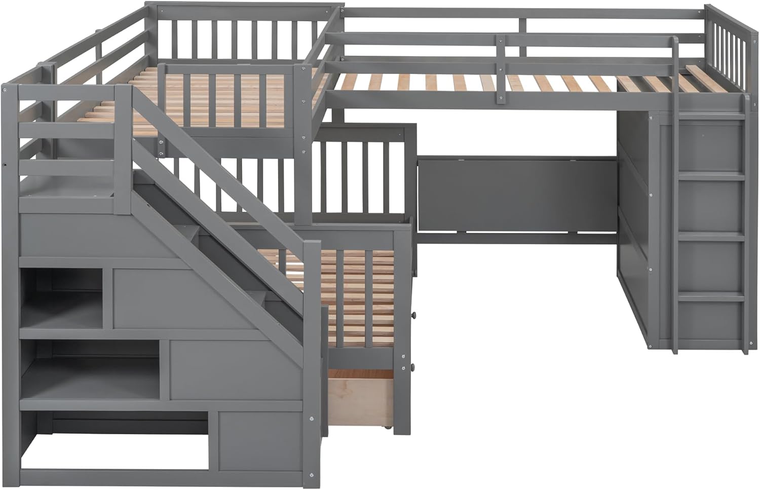 L-Shaped Triple Bunk Bed with Desk & Stairs, Twin & Twin Over Full Bunk Bed, Storage Drawers and Wardrobe Included, for Adults, Boys & Girls (Gray)