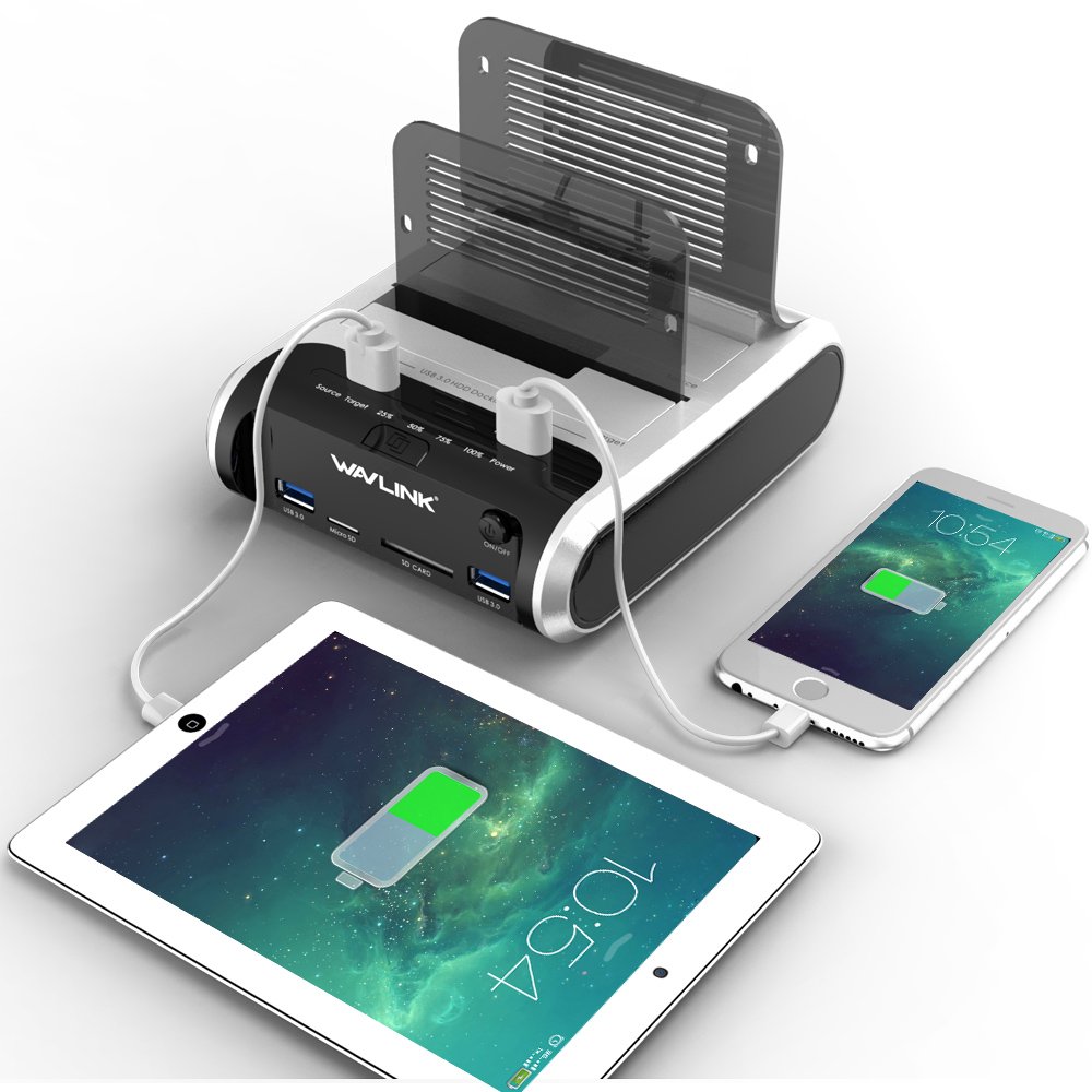 Festplatten Dockingstation, WAVLINK USB Festplatten Docking Station Offline Klonfunktion für 2,5 Zoll & 3,5 Zoll SATA HDD SSD, Unterstützt TF & SD Karte und USB-Aufladung
