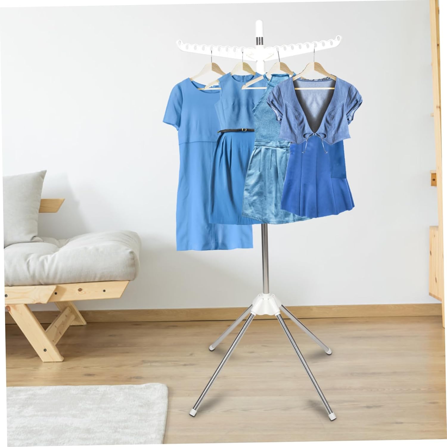 VICASKY Rotatable Clothes Drying Rack Ivory White Single Three Arm Folding Clothes Holder with Detachable Ironing Board Stand for Indoor Laundry and Garment Steamer Accessory