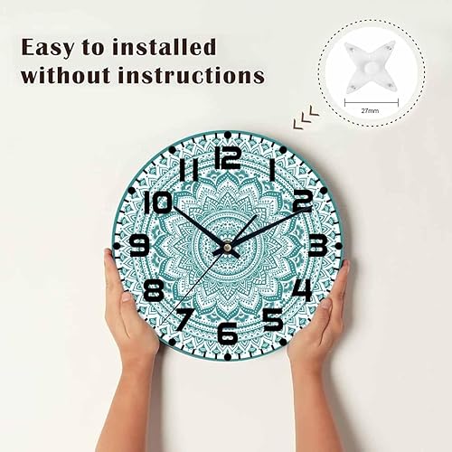 Miniatura 8 de Reloj de pared con diseño de flores de mandala verde azulado, funciona con pilas, reloj de pared de encaje étnico retro, silencioso, sin tictac, de
