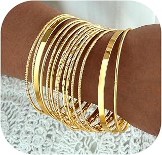 Gold Bangle Bracelets for Women, Indian Bangles Stackable Set, Multi Layer Textured 14K Gold Plated Chunky Bracelets Boho Jewelrys Set