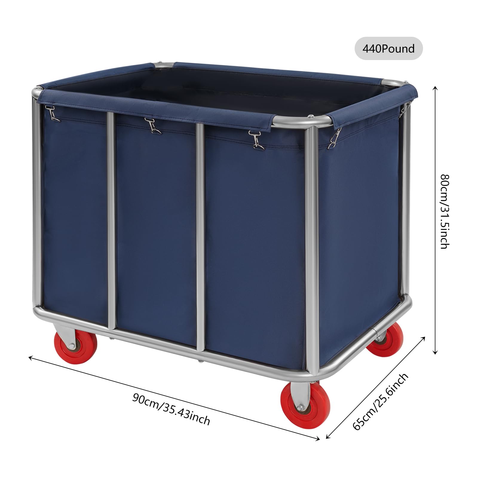 Carrello per la biancheria, 90 x 65 x 80 cm, in acciaio inox, con ruote, portata fino a 200 kg, per hotel, ospedali, mollette (blu) - 3