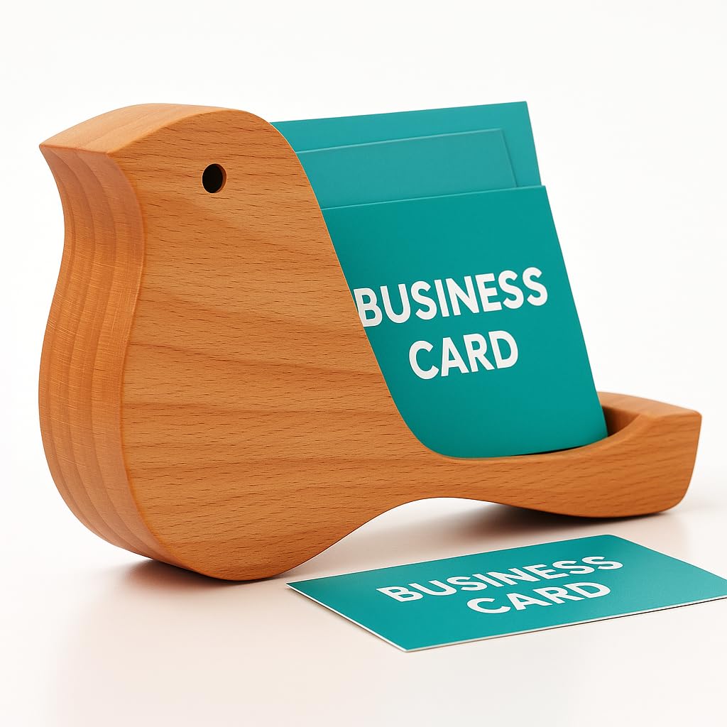 Wooden Bird Business Card Holder, Solid Beech Wood Desk Organiser for Office Reception, Café & Restaurant