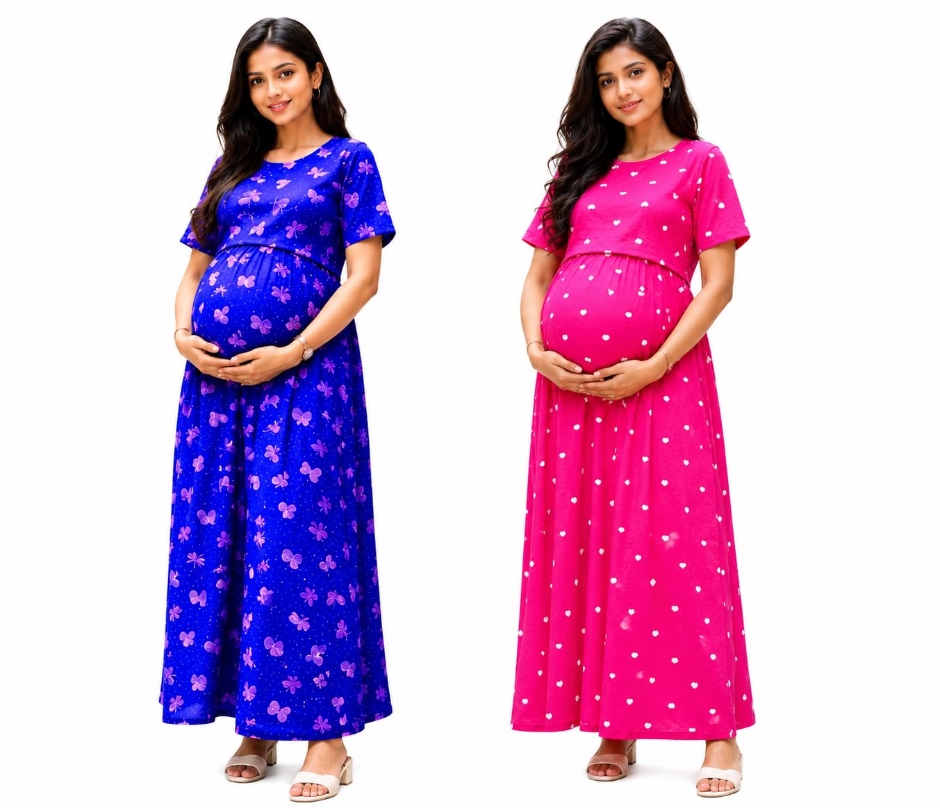 JRP Creation Women's 100% Cotton Zipless Feeding Maternity Nighty Pack of 2 | Pull Up Nursing Night Dress, Feeding Wear Back Tie with Side Pocket | Blue & Pink Color | Size - L-picture-49