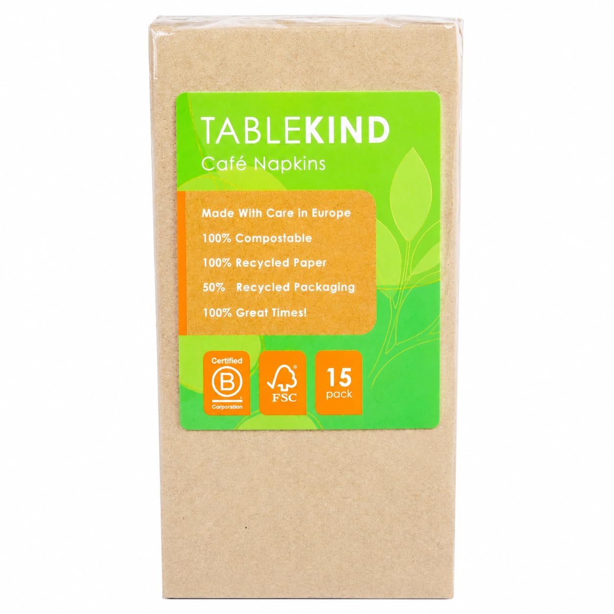 TABLEKIND Kraft Paper Napkins 15 Pack, FSC Certified Recycled Café Napkins, Compostable Eco Friendly Disposable Serviettes for Coffee Shops, Parties & Events