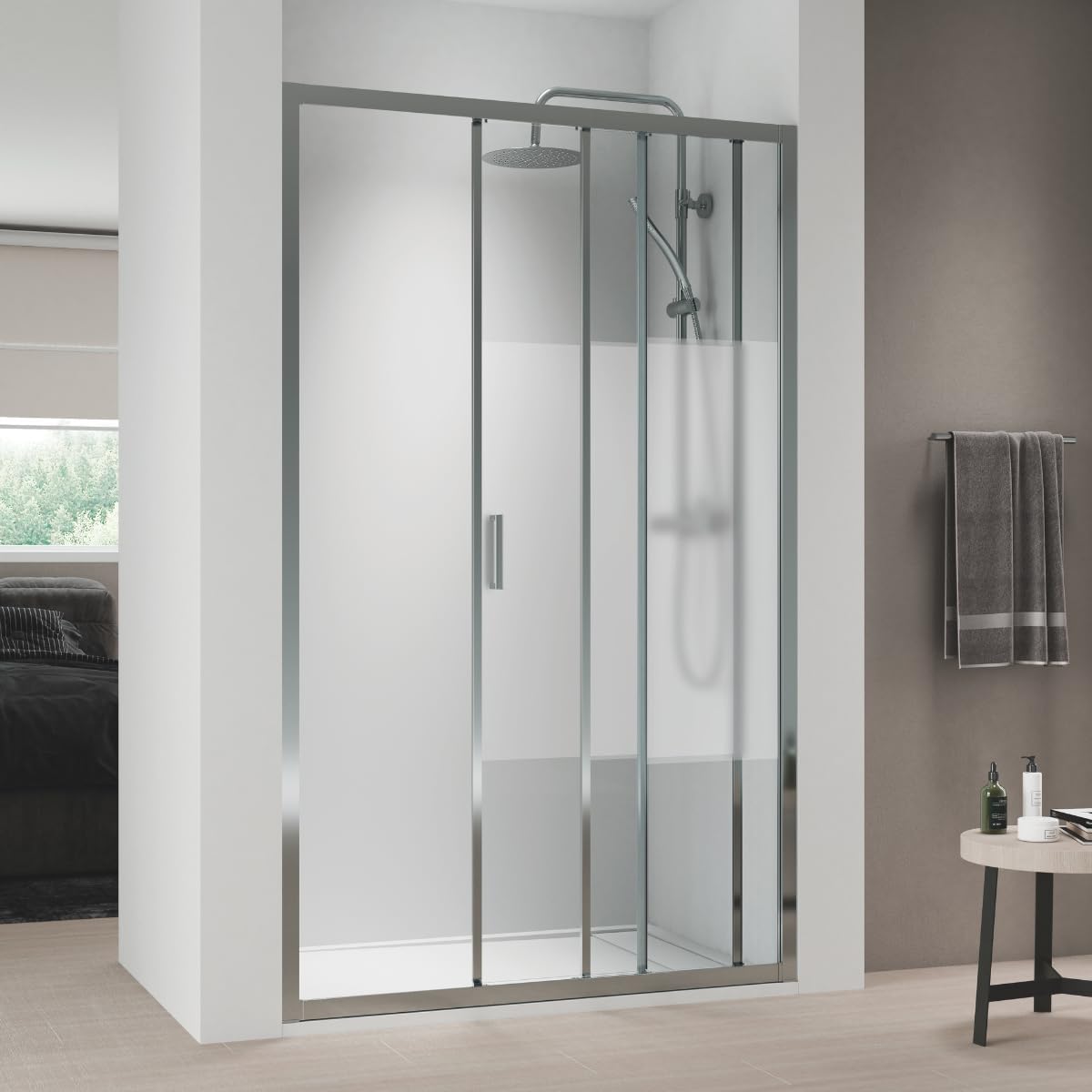 Mampara de Ducha FRONTAL Corredera 3 Hojas Monza– 1 Fijo y 2 Puertas Correderas Serigrafía – Altura 1,90 Metros y Cristal Templado 5mm Espesor 120 cm (Adaptable de 116 a 120cm)