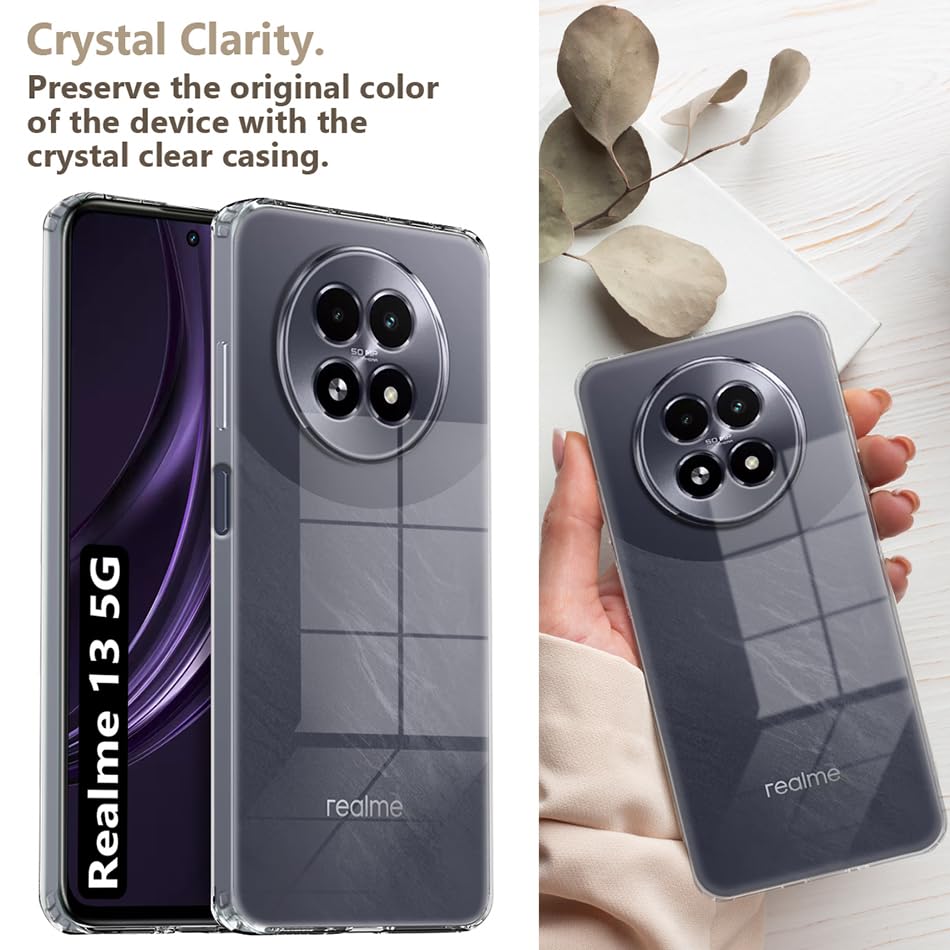 Image of Fashionury Crystal Clear Case for Realme 13 5G | Yellowing Resistance | Transparent TPU Silicone | Raised Camera Lips | Slim Transparent Cover